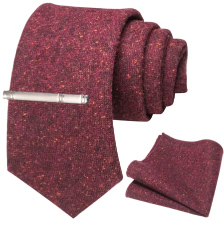 JEMYGINS Retro Wolle Burgund Bordeaux Krawatte und Einstecktuch Krawattenklammer Sets Krawatten für Herren(4)