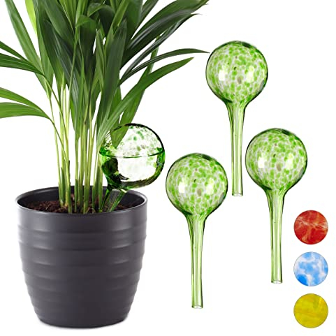 Relaxdays 4 x Bewässerungskugel im Set, dosierte Bewässerung Pflanzen u. Blumen, Gießhilfe Büro, Urlaub, Ø 6 cm, Glas, grün