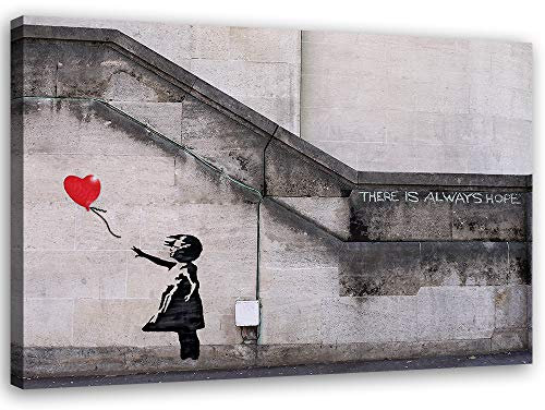 Feeby Leinwandbilder XXL Banksy - There is Always Hope - 120x80 cm - Bild auf Leinwand - Kunstdruck - Deko Wohnzimmer - Wandbilder Schlafzimmer - Deko Schwarz - Deko Aesthetic - Wand Deko