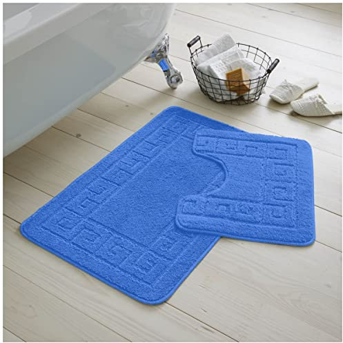 GC GAVENO CAVAILIA Greek Key Pattern Bath Mats 2 Piece Sets Non Slip, Soft Washable Rug Quick Dry Water Absorbent Bathroom Shower Mat & Pedestal Set, Blue