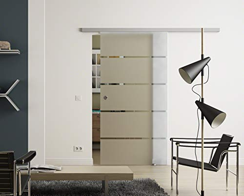 SoftClose-Glas-Schiebetür 900x2050 mm waagerecht gestreift Sadora® Slimline-System komplett Laufschiene und Muschelgriffen in sehr hochwertiger Qualität.