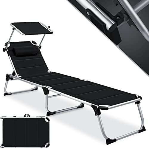 KESSER® Sonnenliege Sun mit Dach Gartenliege Liegestuhl klappbar Sonnendach Verstellbarer Rückenlehne, ergonomisch gepolsterter Liegefläche Aluminium Liege Gartenstuhl tragbar Strandliege, Schwarz