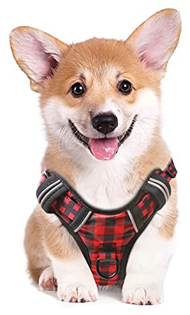 HEELE Hundegeschirr, Zugentlastung, reflektierend, mit gepolstertem Griff, Kontrolle, 2 Metallringe, Geschirr für kleine mittelgroße und große Hunde, Schwarz-Rot, Plaid, M