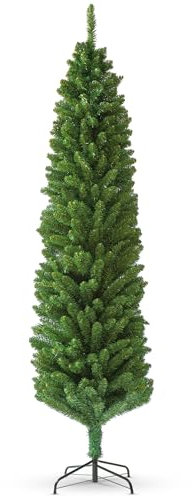 FB FunkyBuys Slim Christmas tree - Green Artificial Christmas Tree with 820 Branch Tips – Slim pencil Christmas trees with Metal Stand (Green, 7ft)