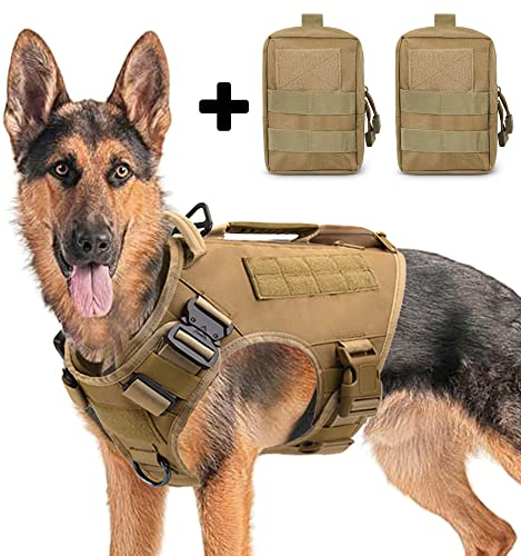 AIWAI Taktisches Hundegeschirr für mittlere und große Rassen, Molle-Panels Metallschnalle, Weste mit Seitentaschen, Taschen für Service-Arbeitstraining Khaki,L, mit 2 Beuteln