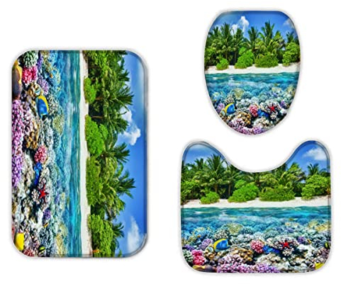Unterwasserwelt Badezimmermatten und Teppiche 3-Teiligs Set Tropische Insel Flanell Memory Foam rutschfeste Matten und Badteppich,Strand Toilettendeckelabdeckung,Badvorleger Badgarnitur WC Vorleger