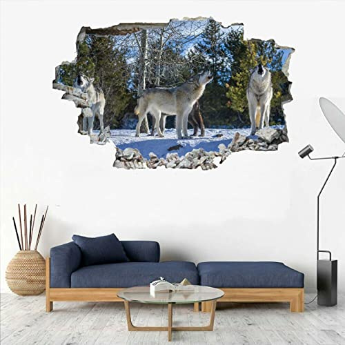 Wandtattoo Aufkleber Wandbild Wölfe Mauerloch 3D Durchbruch Effekt Wandsticker Naturtier Selbstklebend Wandaufkleber Wanddeko fürs Wohnung Wohnzimmer Schlafzimmer Bad Kinderzimmer Tapeten Deko