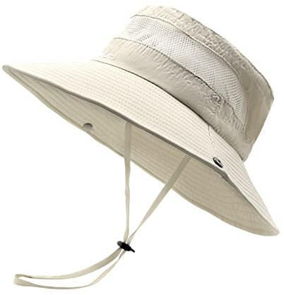 SEYUFN Damen Sonnenhut Outdoor Sommer Wanderhut Damen UV-Schutz Bucket Cap Faltbar Mesh Pferdeschwanz Breite Krempe Zum Safari Angeln (B-Kein Pferdeschwanzloch-Beige)
