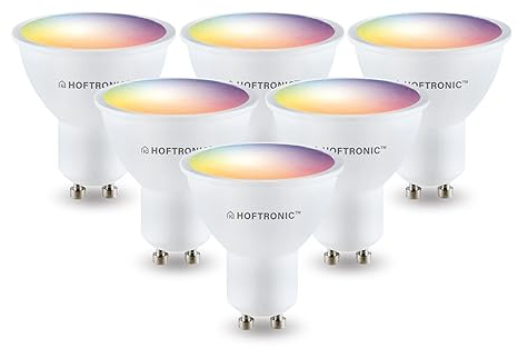 HOFTRONIC - 6er GU10 Smart Lampe RGBWW, Wlan (WiFi+Bluetooth) leuchtmittel RGB, 2700K-6400K (16,5 Millionen Farben) Dimmbar über App & Sprache - Kompatibel mit Alexa Echo, Siri, Google Home