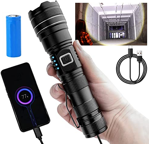 iodoo Torcia LED Potente Professionale, 5000mA Ricaricabile Torce Led Alta Potenza 10000 Lumen XHP70.2, Torcia Tattica Militare, IP67 Impermeabile, Zoomabile, Campeggio Emergenza Militare Tattica
