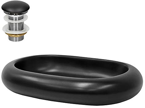 ML-Design Lavabo de Cerámica Negro Mate Ovalado 650 x 450 x 110 mm Con Juego De Drenaje Sin Rebosadero Lavamanos Moderno De Encimera Sobremesa Pila Para Baño Aseo Fregadero Colgante