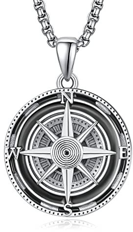 KINGWHYTE Kompass Anhänger für Herren, 925er Sterlingsilber, Kompass-Schmuck, Abschlussgeschenk, Halskette für Freunde, Geburtstag, Jubiläum, Schmuck Junge mit Edelstahl Perlenkette-22+2 inch (60cm)