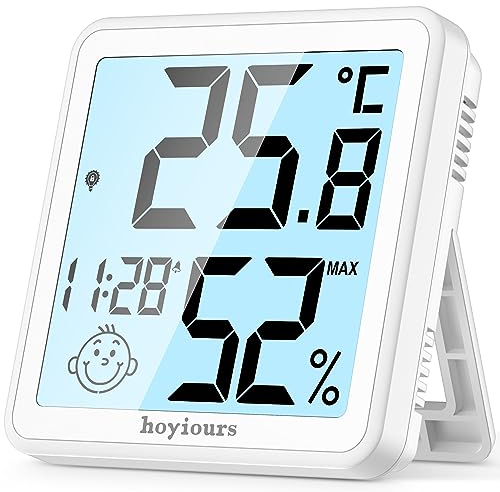 Thermometer Hygrometer Innen, hoyiours Digitales Thermo-Hygrometer 3.4 Zoll Großem LCD Bildschirm mit Berührbar Backlight Feuchtigkeit Raumthermometer für Haus, Büro, garten(Weiß)
