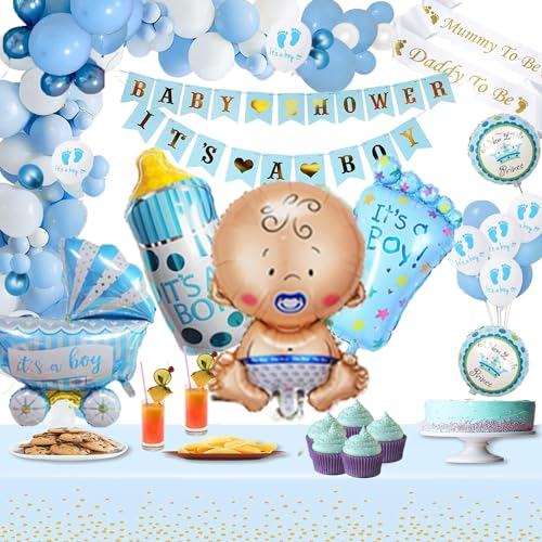 Gender Babyparty Deko Junge, Babyshowerparty Deko Junge mit Tischdecke, Its a Boy Deko Banner, Blau Deko Babyparty Junge, Baby Luftballons Baby Shower Deko Boy