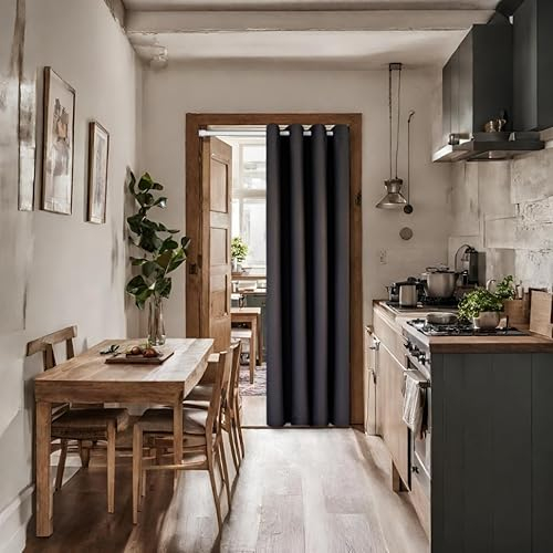 tinycurtains, Thermo Türvorhang mit Teleskopstange, einfache Montage in nur 1 Minute ohne Bohren (Türgardine anthrazit + H195 x B150 cm + Stange weiß B70-120 cm)