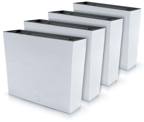 IMJ-Global Juego de 4 macetas rectangulares para flores y plantas, de plástico, 58 x 18 x 49,8 cm, para interior y exterior, color blanco, volumen 44 litros, diseño moderno