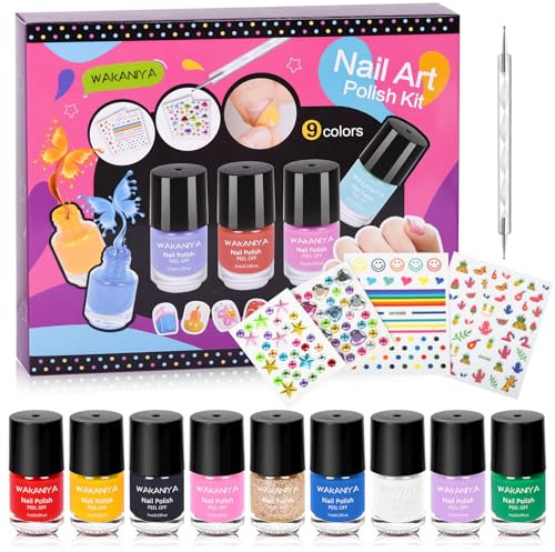 wakaniya Kinder Nagellack Set für Mädchen Quick Dry Mini Nagellack Kit mit Edelstein Aufkleber, nicht toxische Wasser-basierte Peel-Off Low Geruch Kinder Nagel Set für Alter 3+ Nail Polish
