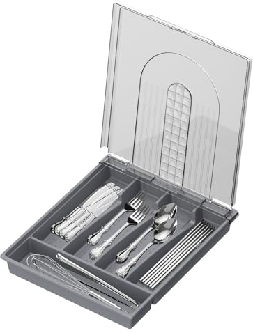 GAESHOW Organizador cubiertos para cajon con tapa, Bandeja para Cubiertos con Tapa, Cubertero para Cajon con 5 Compartimentos, Bandeja de Plástico para Cucharas, Tenedores, Cuchillos