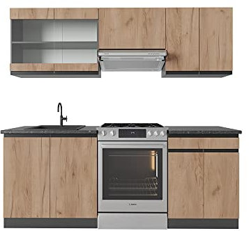 Vicco Küchenzeile R-Line, Goldkraft Eiche/Anthrazit, 200 cm, AP Anthrazit