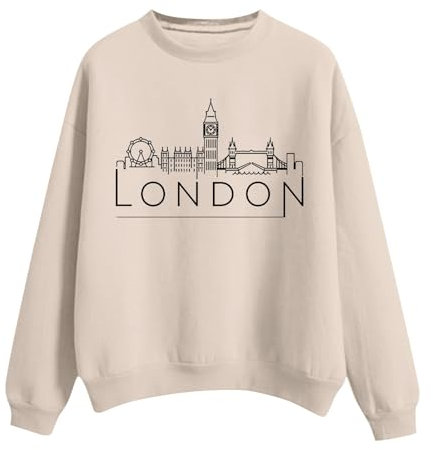 Tumblr Schmuck Langärmeliger, bedruckter Kapuzenpullover mit Rundhalsausschnitt und London-Print für Damen Damen Hoodie Ohne (Beige, XXL)