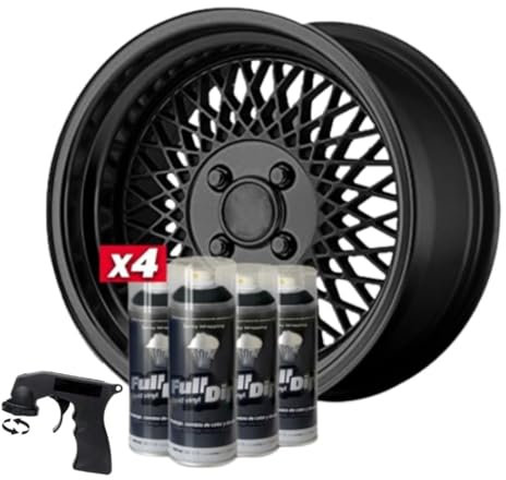 AutoFullCar - Pack Llantas Vinilo Líquido FULL DIP - 4 Sprays (NEGRO METALIZADO) - 400 ml. Unidad + Adaptador Aplicador De Spray - Acabado Mate - Válido Para Llantas De 15 a 18 Pulgadas