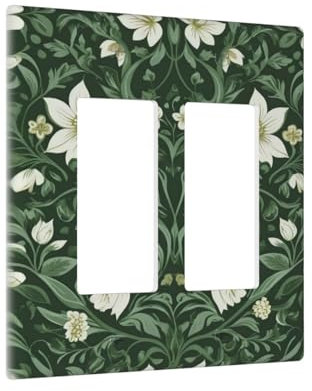 Xuejiaku Dekorative Steckdosenabdeckungen, Vintage-Stil, Morris-Blumenmuster, weiße Blumen, grüne Blätter, Baum, Weinrebe, 2-Gang-Wandplatte, Doppel-Wippschalter, Lichtschalter-Abdeckung, Jumbo-Dual,
