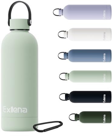 Exllena 500ml Water Bottles Metal with Handle Lid and Carabiner, Double Wall Vacuum Drinks Bottle Keeps Drinks Cold 24 Hrs/Hot 12 Hrs, Stainless Steel Water Bottle BPA Free(Lichen Green)