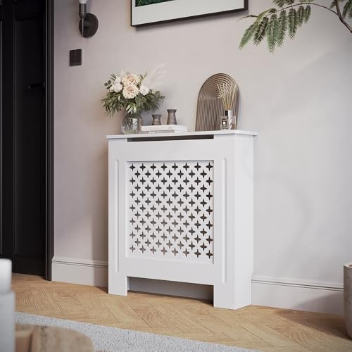 SIRHONA Cache-radiateur, Motif Nid d'abeille, MDF Laqué Blanc, 78x19x81,5 cm, Peut Placer des Décorations, Adaptées au Salon, à la Chambre, au Couloir
