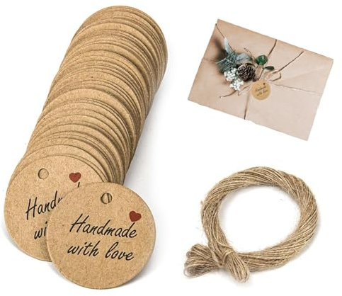 Geschenkanhänger Handmade with Love, 100 Stück Kraftpapier Anhänger, 3cm, mit 20 Meter Jutekordel
