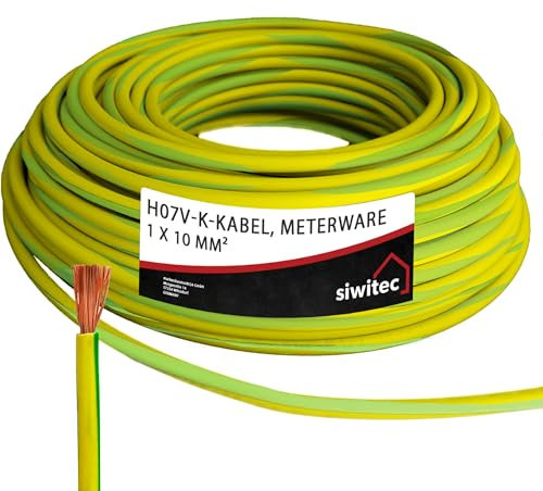 siwitec Cavo H07V-K 1 x 10 mm², cavo di messa a terra 10 mm2, linea di messa a terra in PVC a filo fine, verde-giallo, cavo di cablaggio 450/750 V, cavo flessibile, 3-100 m a scelta – lunghezza: 12 m