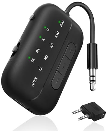 2025 Upgraded Bluetooth 5.3 Sender Klinke Splitter Transmitter und Empfänger, Airfly Bluetooth Adapter Flugzeug Gadgets, 3,5mm Aux für 2 Kopfhörer TV PC Stereoanlage, Autoradio