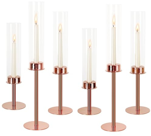 Ronasip Hurricane Candle Holders Set of 6 Metal Candlestick Holder for Glass Taper Tall Candle Holders with Crystal Chimney Tube Candles Stands for Home Decor, Christmas, Dinning (6, Rose Gold)