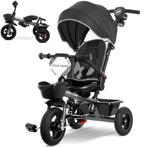 RIDYEE 7-in-1 Dreirad für 18 Monate bis 5 Jahre, All-Terrain Gummireifen, Doppelradbremsen, Drehbarer Sitz für Kleinkinder 1,5-3, Dreirad für 3-5 Jahre mit DIY-Aufklebern, Grau