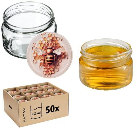 KADAX Lot de 50 petits pots à confiture avec couvercles hermétiques - 250 ml - Idéaux comme cadeau - Motif nid d'abeille