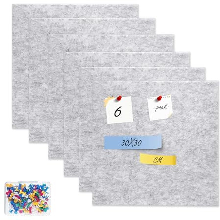 6 Pack Felt Bulletin Board with 100 Pins, 12mm Thick Notice Pin Board Wall Tiles 30x30 cm Felt Board Tiles Noise Barrier for Photo DIY Memo Display in Home Kitchen Office School(Grey)