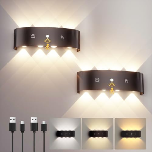 YrgePowk 2 Stück Akku Wandleuchte Innen 6000mAh - Kabellose Wandleuchte Ohne Stromanschluss LED Wandlampe mit Bewegungsmelder USB Batterie Wand Lampe für Schlafzimmer Treppe Schwarz