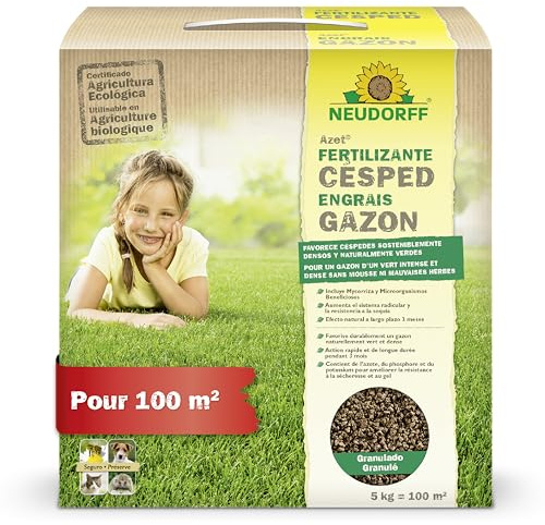 Neudorff Azet Engrais Gazon 5 kg pour 100 m² – Favorise une pelouse dense, résistante et naturellement verte au printemps et en été, avec un effet longue durée de 3 mois