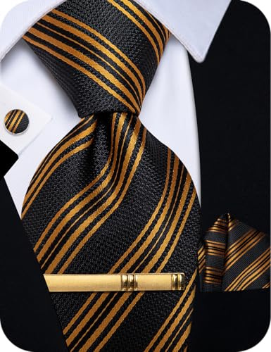 YourTies Black Gold Ties for Men Striped Silk Necktie Pocket Square Cufflinks Tie Clip Set Wedding Party Business Formal