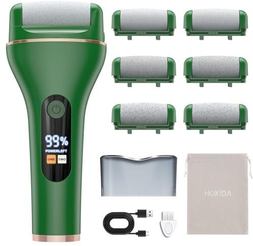 Hoxida Electric Foot File for Hard Skin, with 6 Replacement Rollers, IPX7 Waterproof Rechargeable Callus Remover for Feet Pedicure Set for Dead Skin (Green)