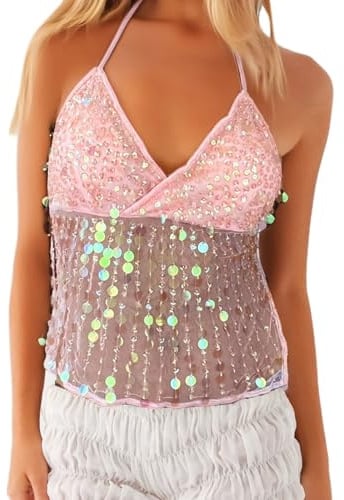 LYSINK Women Sequin Tank Tops Y2K Sexy Sleeveless Spaghetti Strap Backless Crop Halter Neck Vest for Summer Streetwear