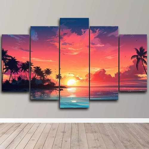 5 pièces poster tableau toile 5 pieces Paysage matinal Plage Soleil Beauté Vue image sur toile 5 parties Tableau sur Toile,tableau mural decoration salon moderne xxl,cadre,5 panneaux toile 150x80cm