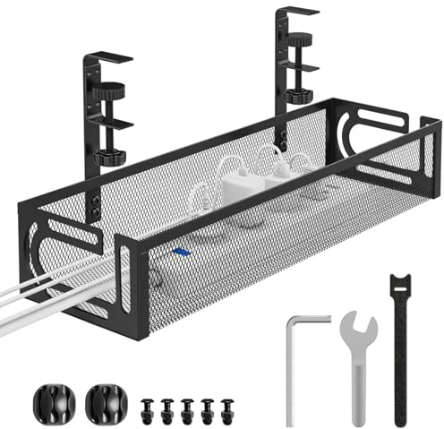 Untertisch Kabelmanagement Wanne, kabelmanager untertisch - Kein Bohren, Metall-Gitter, Seitlicher Zugang, 40x12.5cm, Schwarz