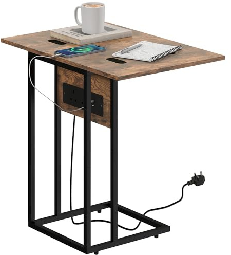 HOMCOM C Shaped Side Table, Industrial Bedside Table with Charging Station, Foldable Top and Metal Frame for Living Room, Bedroom, Rustic Brown