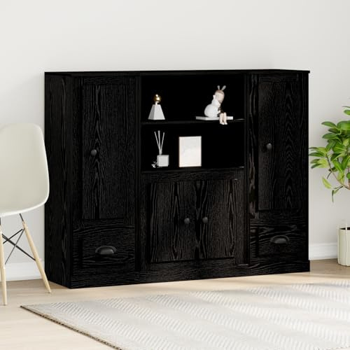 ZQQLVOO Schwarzes Eichenholz Highboard mit 2 Schubladen und 3 Türen – Massives Holz Sideboard mit Stauraum, Schlankes Design für Esszimmer oder Wohnbereich, 35x60x103.5 cm