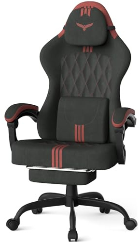 Ferghana Sedia Gaming Ergonomica - Supporto Lombare, Poggiatesta, Poggiapiedi, Altezza Regolabile, Velluto Tessile Traspirante, Adatta Anche Come Sedia Ufficio, Scrivania o PC (Nero-Rosso)
