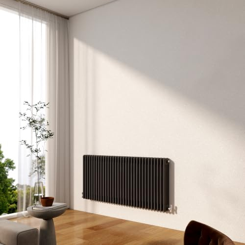 Traditional 3 Column Cast Iron Radiator, 600x1460mm Anthracite | Horizontal Designer Radiator Wall Mounted Central Heating, Durable Cast Iron Rads for Bedroom, Living Room & Hallway