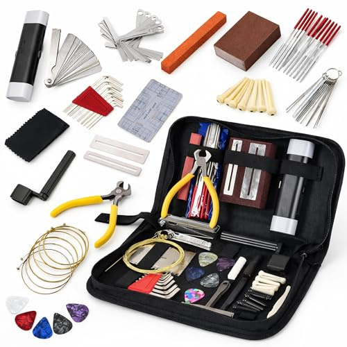 72Pcs Guitar Maintenance Kit with Picks: TVOOD Guitar Tool Kit with Carry Bag Bridge Pins Hex Wrenches String Action Ruler Fretboard Guard Guitars Setup Kits for Music String Instrument Enthusiast