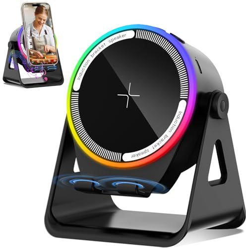 FBW Wireless Induction Speaker, 5-in-1 Bluetooth 5.3 Phone Stand with 360° Rotation & RGB Ambient Light - Cool Tech Gadgets Gifts for Men Women Dad Mom - Compatible iPhone/Android/iPad/Samsung (Black)