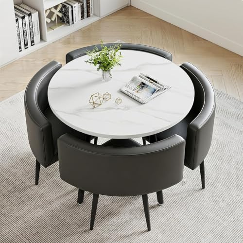 Esszimmergruppe Esstisch mit 4 Stühlen, Runder Küchetisch aus Marmoroptik Tischplatte mit PU-Leder Gepolsterten Stühlen, Tisch und 4 Stühle für Küche, Wohnzimmer, Balkon, Restaurant, Büro (Rund Weiß)