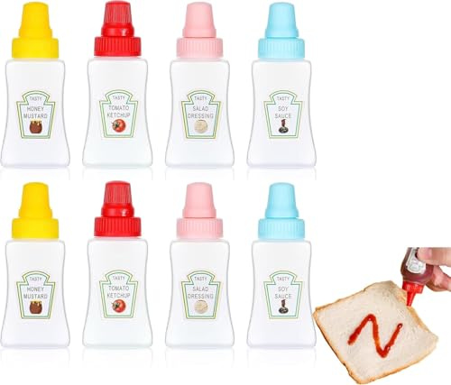Elzhan 8 Pcs Mini Ketchup Bottles, Portable 25ml Small Condiment Squeeze Bottles with Sturdy Screw Cap, Portable Honey Sauce Salad Dressing Dispensers Containers for Lunch Box Accessories